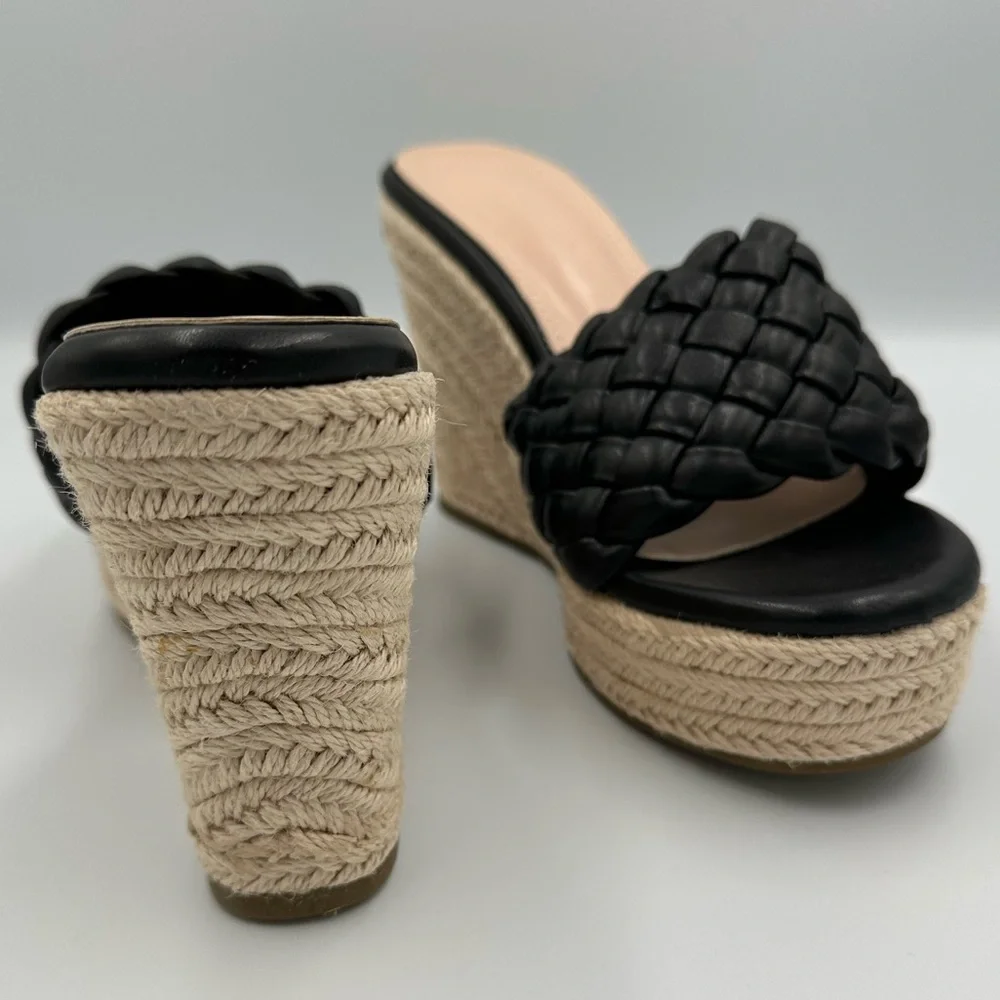 Black & Cream Braided Wedge Espadrille Platform Slides | Size 8 Summer Shoes